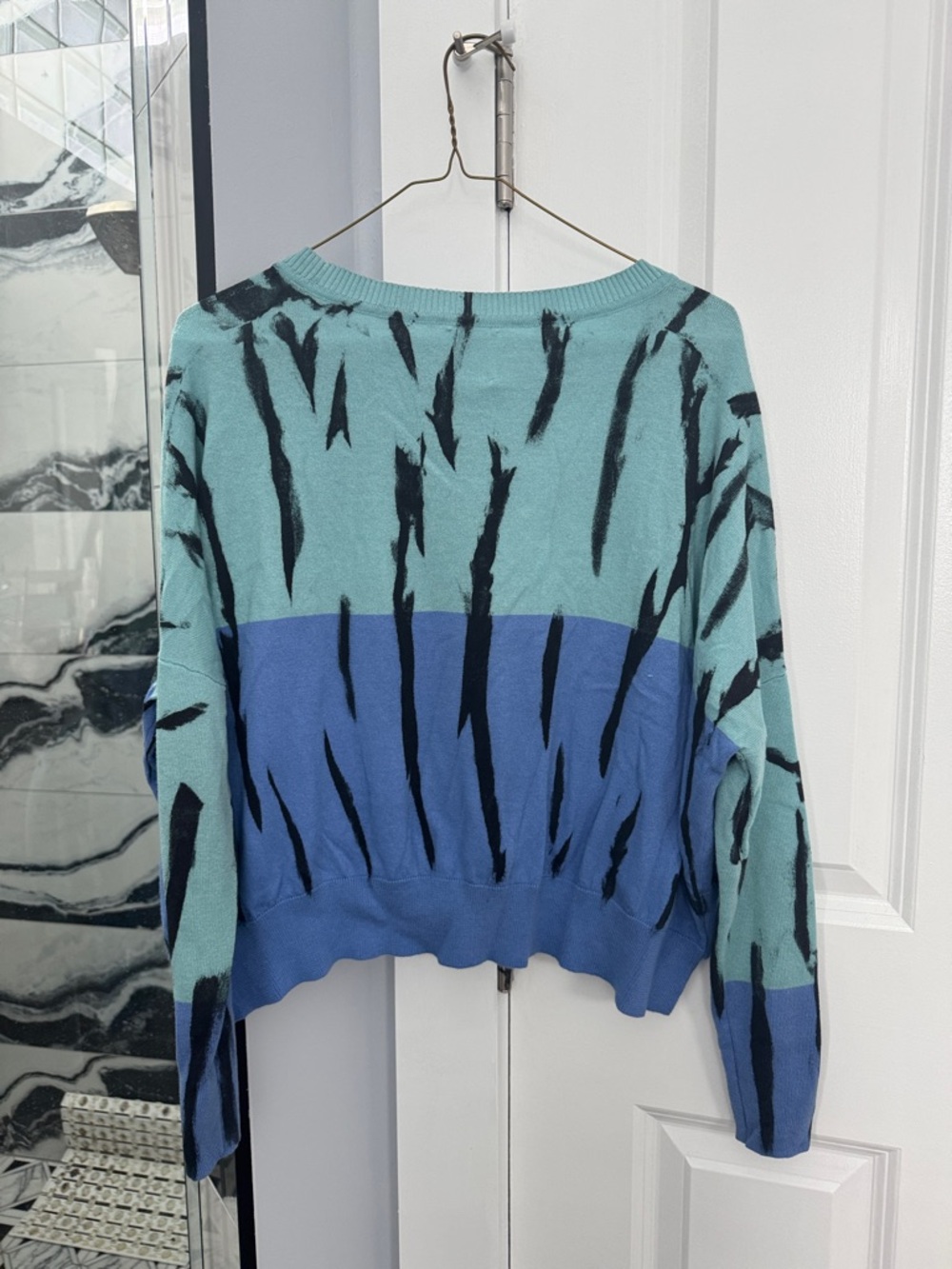 Planet Teal & Blue Cropped Knit Sweater with Black Brushstroke Detail - Picture 4 of 4